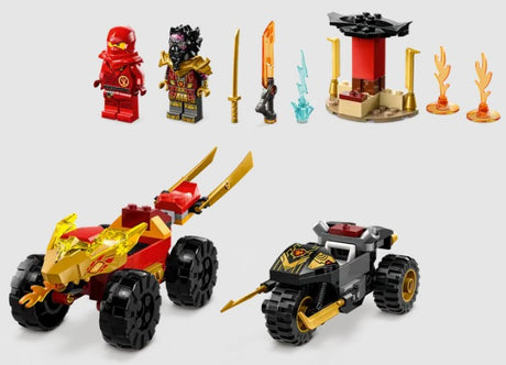 All pieces from LEGO Ninjago 71789 laid out - Kai and Ras Car and Bike Battle - Ireland