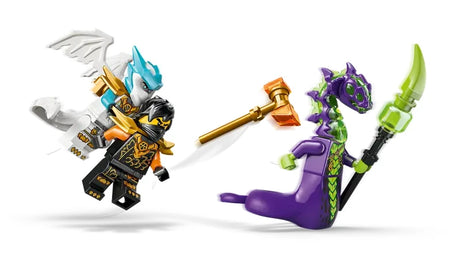 Dragon Zane minifigure with white wings carrying a black armoured Cole minifigure while Cole throws a hammer toward an Acid Monster minifigure with a snake body holding a staff