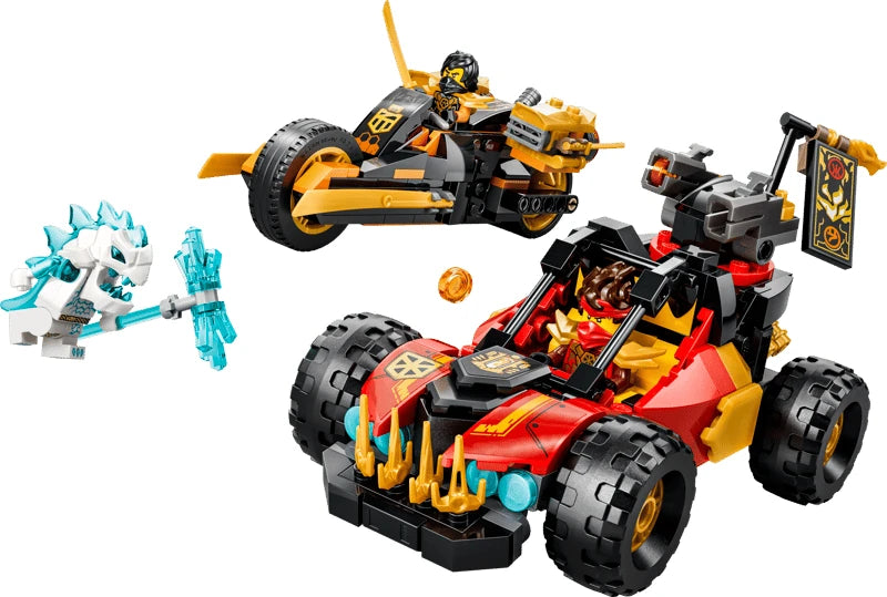 LEGO NINJAGO red buggy and black motorcycle with a white minifigure and orange projectile piece