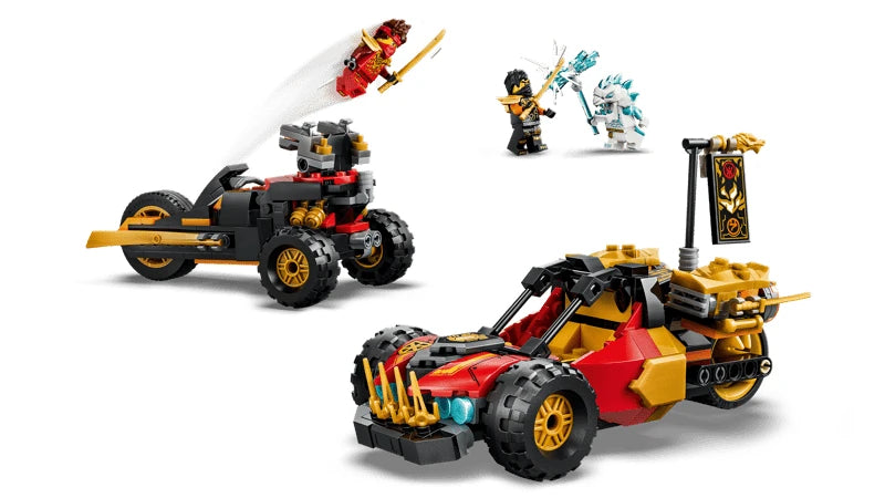 LEGO NINJAGO red buggy, black motorcycle and three minifigures with weapon pieces