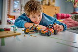 Child playing with LEGO NINJAGO buggy and motorcycle models on a table