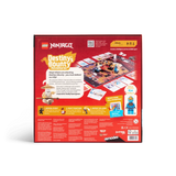 Back of LEGO NINJAGO Destiny's Bounty Adventures board game box showing the game board, playing cards, minifigures, gameplay instructions and exclusive Nya minifigure.