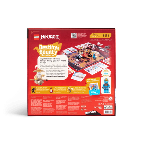 Back of LEGO NINJAGO Destiny's Bounty Adventures board game box showing the game board, playing cards, minifigures, gameplay instructions and exclusive Nya minifigure.