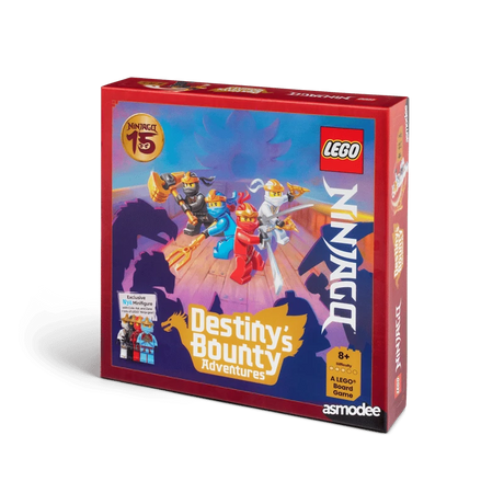 LEGO NINJAGO Destiny's Bounty Adventures board game box viewed from the right, showing the front artwork with four ninja characters and the NINJAGO branding on the side.