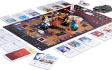 LEGO NINJAGO Destiny's Bounty Adventures game board with four ninja minifigures, playing cards, tokens and game accessories arranged around it.