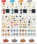 LEGO NINJAGO Destiny's Bounty Adventures illustrated components guide showing Kai, Nya, Cole and Zane minifigure parts, weapons, accessories, cards and individual storage boxes.