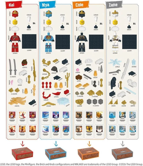 LEGO NINJAGO Destiny's Bounty Adventures illustrated components guide showing Kai, Nya, Cole and Zane minifigure parts, weapons, accessories, cards and individual storage boxes.