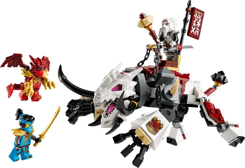 LEGO NINJAGO white dragon beast model with red and blue minifigures and grey rider minifigure