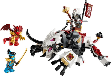 LEGO NINJAGO white dragon beast model with red and blue minifigures and grey rider minifigure