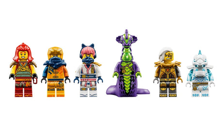 Six LEGO NINJAGO minifigures in red, blue, white, green, gold and light blue outfits