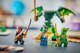 Three LEGO NINJAGO minifigures with a green dragon mech in the background