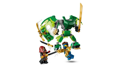 LEGO NINJAGO green dragon mech with wing pieces, blue ninja minifigure and red hooded minifigure