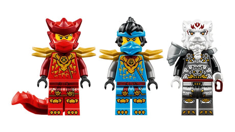 Three LEGO NINJAGO minifigures in red, blue and grey outfits with headpieces