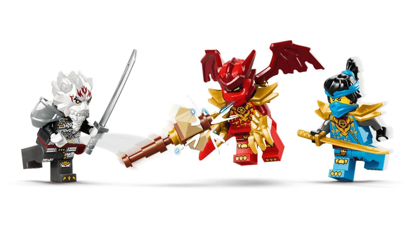 Three LEGO NINJAGO minifigures with swords, wings, claws and tail pieces