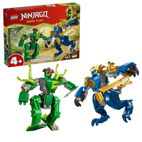 LEGO Ninjago Jay’s Dragon Mech Fight 71853 box with Jay’s blue dragon mech and green Mutation Monster mech displayed in front