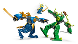LEGO Ninjago Jay’s Dragon Mech Fight 71853 action scene with Jay leaping between blue dragon mech and green Mutation Monster mech