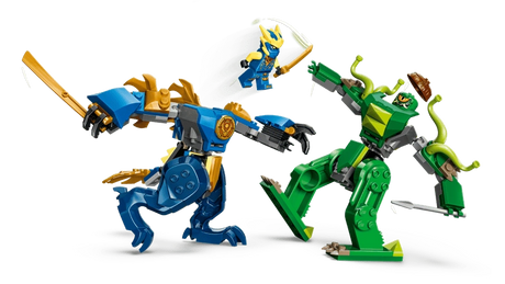 LEGO Ninjago Jay’s Dragon Mech Fight 71853 action scene with Jay leaping between blue dragon mech and green Mutation Monster mech