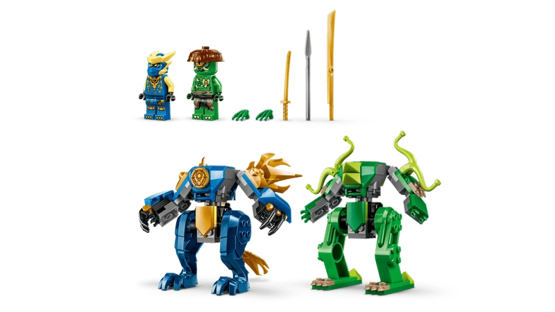 LEGO Ninjago Jay’s Dragon Mech Fight 71853 showing blue dragon mech, green Mutation Monster mech, Jay and villain minifigures with swords, spear and claws