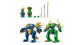 LEGO Ninjago Jay’s Dragon Mech Fight 71853 showing blue dragon mech, green Mutation Monster mech, Jay and villain minifigures with swords, spear and claws