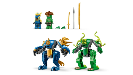 LEGO Ninjago Jay’s Dragon Mech Fight 71853 showing blue dragon mech, green Mutation Monster mech, Jay and villain minifigures with swords, spear and claws
