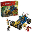 LEGO NINJAGO Jay’s Transforming Car (71856) shown with the retail box, the blue and gold off road car with four large tyres and two white flags, plus five minifigures including a red winged figure, a black hooded figure with a staff, and a horned tan monster
