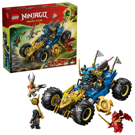 LEGO NINJAGO Jay’s Transforming Car (71856) shown with the retail box, the blue and gold off road car with four large tyres and two white flags, plus five minifigures including a red winged figure, a black hooded figure with a staff, and a horned tan monster
