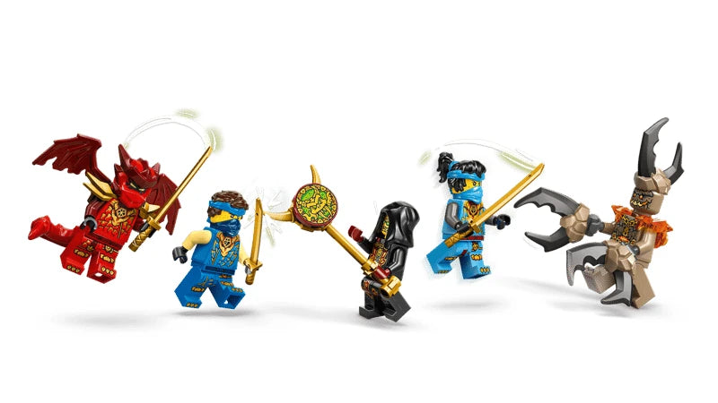 Five LEGO NINJAGO minifigures shown in a lineup including a red winged figure with a gold weapon, two blue ninja figures with curved white blades, a black hooded figure holding a staff with a green round piece, and a horned tan monster with a large grey claw weapon