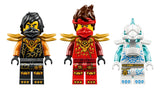 Three LEGO NINJAGO minifigures in black, red and white outfits
