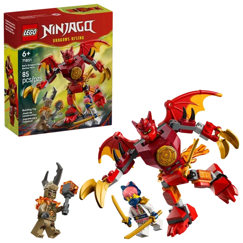 LEGO NINJAGO Kai’s Dragon Mech Battle Pack 71851 shown with retail box and assembled red dragon mech with wings, claw hands, Kai minifigure and Earth Monster
