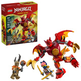 LEGO NINJAGO Kai’s Dragon Mech Battle Pack 71851 shown with retail box and assembled red dragon mech with wings, claw hands, Kai minifigure and Earth Monster

