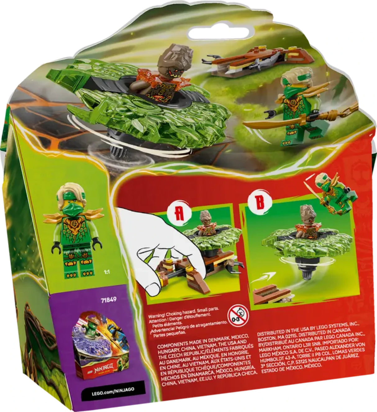Back of LEGO NINJAGO Lloyd vs Earth Monster Spinner box showing spinner launcher play features, action scenes, and both minifigures