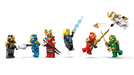 Seven LEGO NINJAGO minifigures on a white background, including a black and gold masked figure, a blue ninja with a chain weapon, a red figure with a gold horned helmet, a blonde figure holding a blue lightning bolt, a red ninja with a gold spear, a green ninja with a gold sword, and a white and gold ninja shown flying with a pink motion trail and a small gold throwing star in motion.
