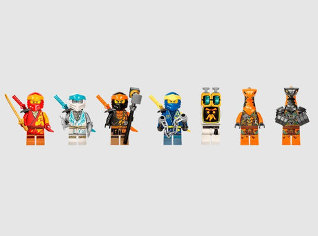 Minifigure lineup of LEGO Ninja Ultra Combo Mech 71765 featuring all 7 characters – Ireland