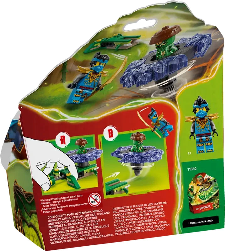 Back of LEGO NINJAGO Nya vs Mutation Monster Spinner 71849 packaging showing play feature diagrams, spinner action steps and included minifigures