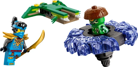 LEGO NINJAGO Nya minifigure with glaive weapon alongside Mutation Monster minifigure mounted in blue spinner with launcher parts displayed separately
