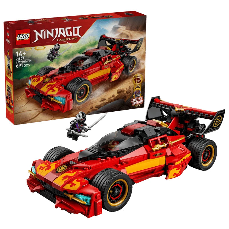 LEGO NINJAGO X-1 Ninja Charger box beside built red and black car and minifigure