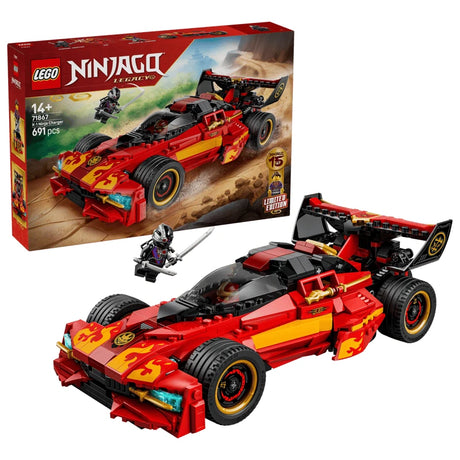 LEGO NINJAGO X-1 Ninja Charger box beside built red and black car and minifigure