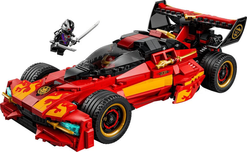 LEGO NINJAGO red and black X-1 Ninja Charger car with black and white minifigure