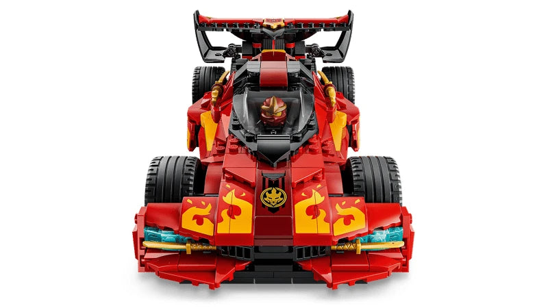 LEGO NINJAGO red and black X-1 Ninja Charger car front view with flame details and spoiler