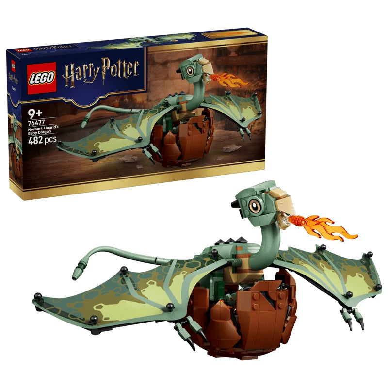 LEGO Harry Potter box with green baby dragon model hatching from a brown egg