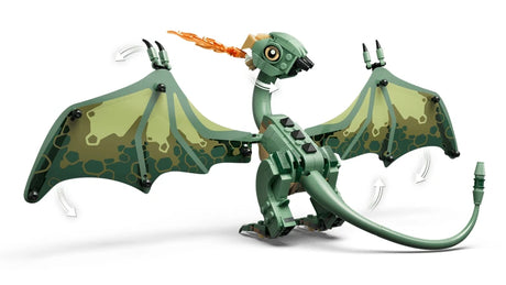 Green LEGO baby dragon with wings spread and orange flame from its mouth