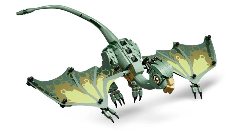 Green LEGO baby dragon viewed from above with wings spread