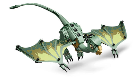 Green LEGO baby dragon viewed from above with wings spread