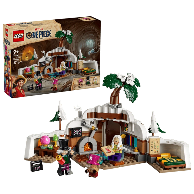 LEGO One Piece Dr. Hiriluk's Hideout 75641 box beside the open mountain hideout model 