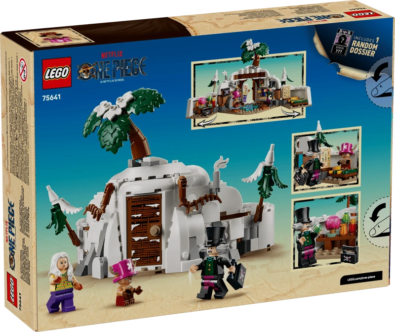 Back of the LEGO One Piece Dr. Hiriluk's Hideout 75641 box showing the closed mountain, open interior and feature scenes