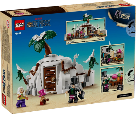Back of the LEGO One Piece Dr. Hiriluk's Hideout 75641 box showing the closed mountain, open interior and feature scenes