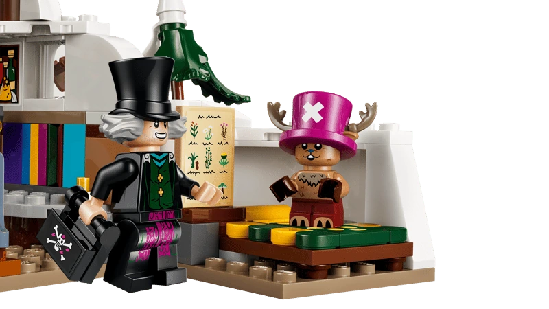 LEGO One Piece Dr. Hiriluk and Tony Tony Chopper minifigures beside the bed, books and plant chart