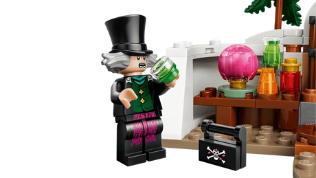 LEGO One Piece Dr. Hiriluk minifigure beside the experiment table with bottles, a pink flask and black case