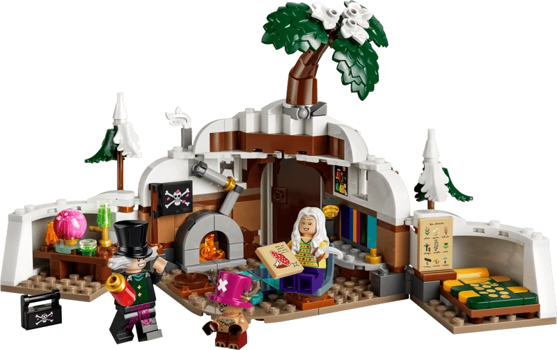 Open LEGO One Piece Dr. Hiriluk's Hideout 75641 model with Dr. Hiriluk, Tony Tony Chopper and Dr. Kureha minifigures