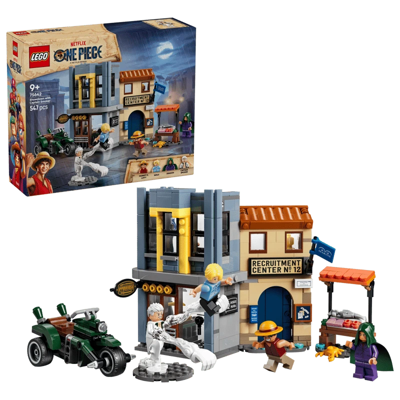 LEGO One Piece Showdown with Captain Smoker 75642 box beside the completed market set and minifigures 